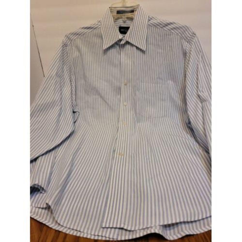 Alan Flusser Dress‎ Shirt Mens 15.5 34/35 Blue White Striped Long Sleeve Pocket